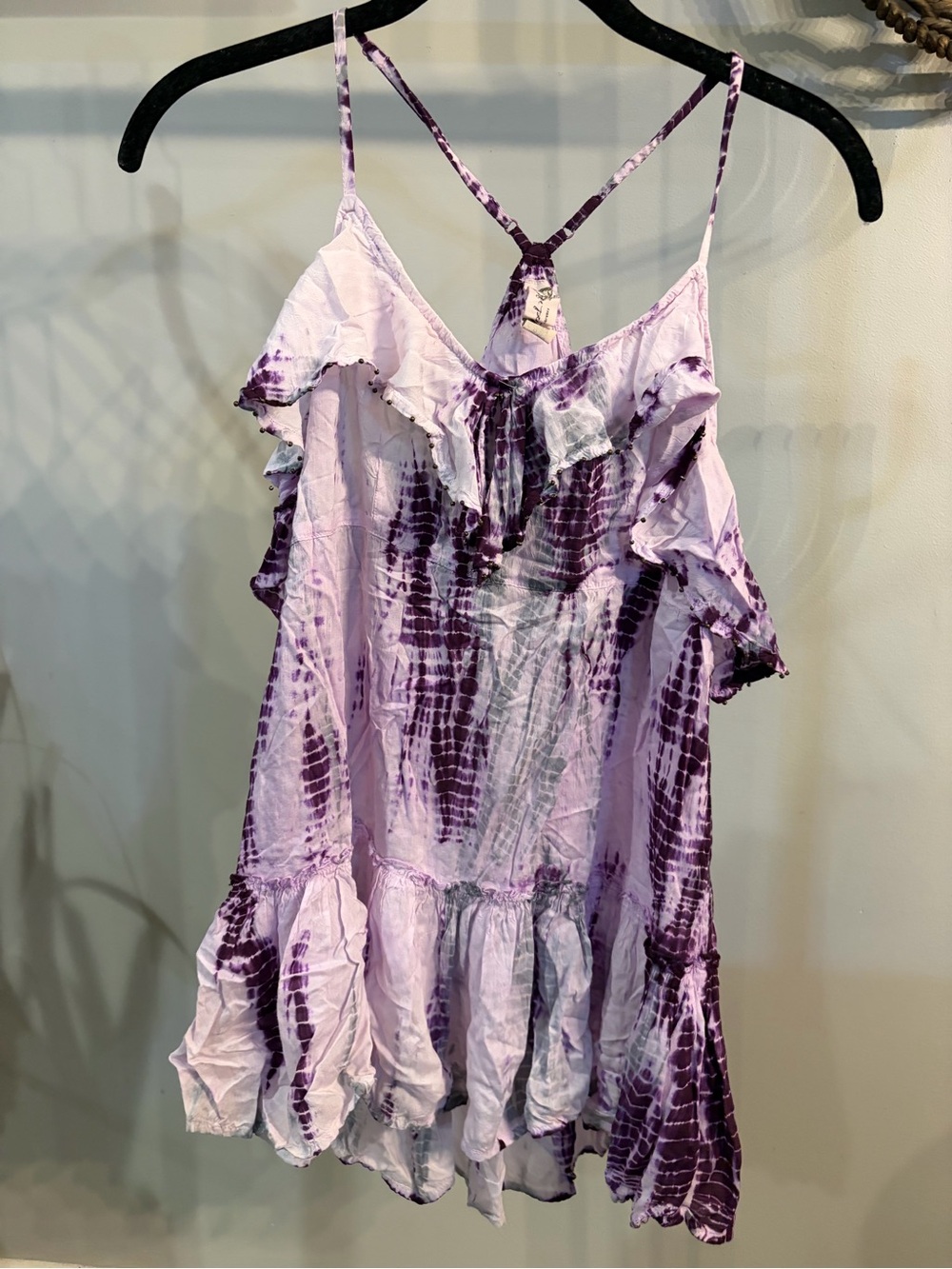 Free People Lavender Purple Tie-Dye Ruffle Spaghetti Strap Top size medium